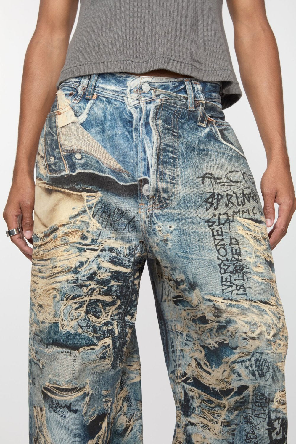 Acne Studios Men's Spring And Summer Ripped Graffiti Mise-en-scène Effect Print Denim Pants Super Loose Fit Jeans Fashion High Street Casual Blue Straight Trousers Ngvp #1186