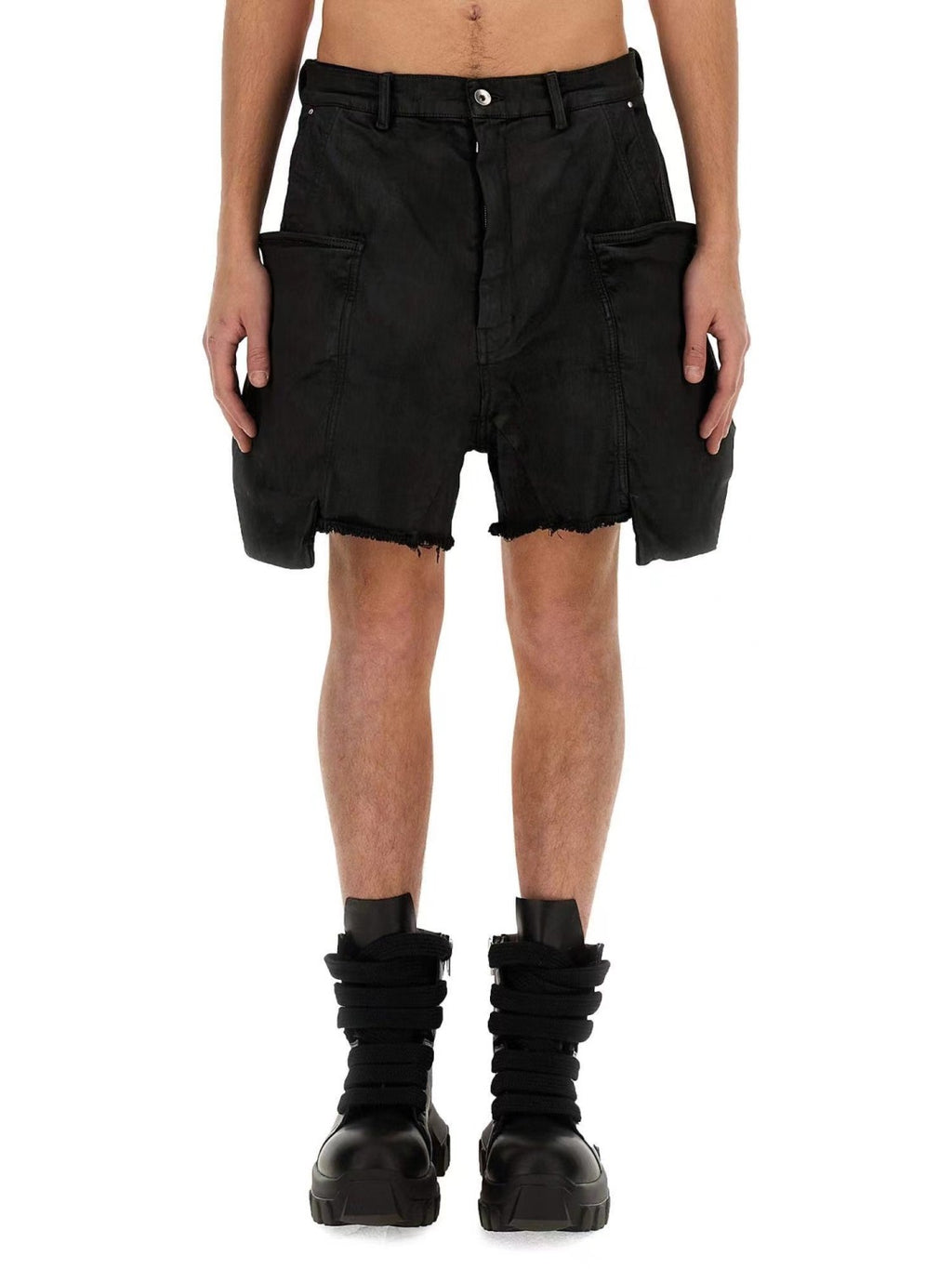 Rick Owens Men's Summer Mid Waist Zipper Loose Straight Waxed Casual Black Multi-Pocket Shorts Ngvp #8661
