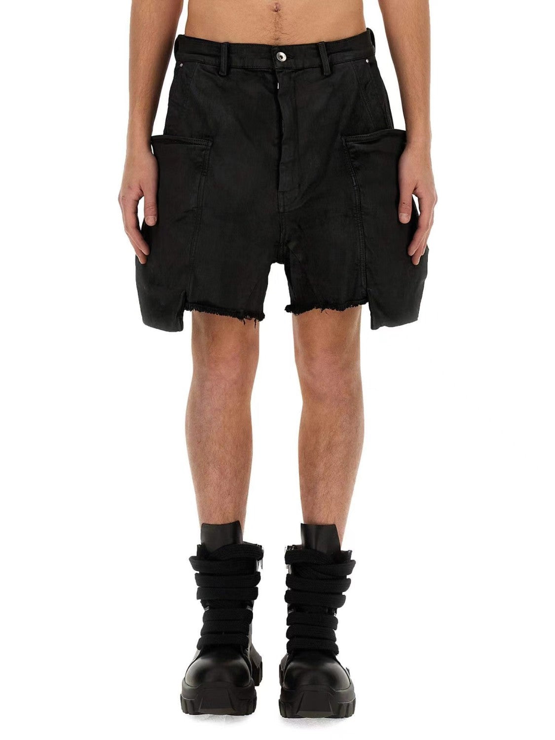 Rick Owens Men's Summer Mid Waist Zipper Loose Straight Waxed Casual Black Multi-Pocket Shorts Ngvp #8661