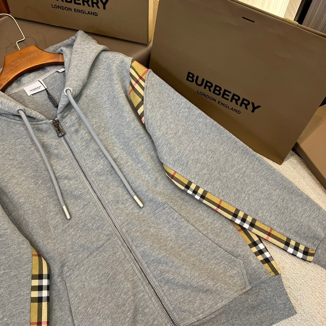 Burberry Men's Spring and Autumn Plaid Crop Solid Color Hooded Zipper Jacket #72528