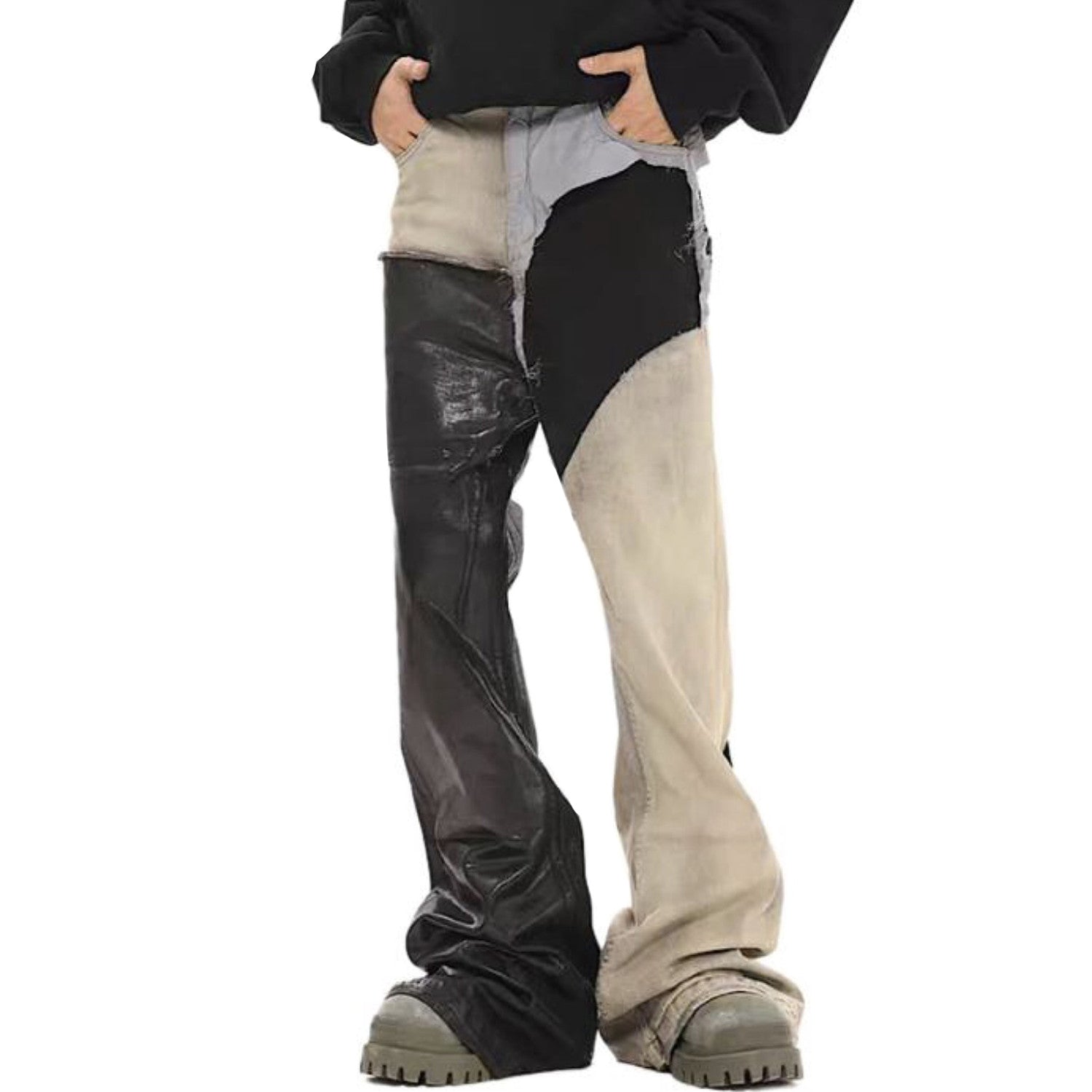 Rick Owens Men's Spring and Autumn Old Wash Splicing Coating Wax Pants Wide Leg Flare Jeans Pants #76795
