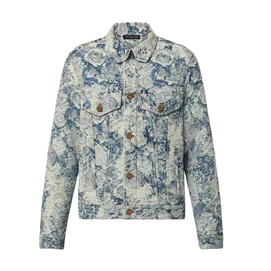 Louis Vuitton Men's Women's Spring And Autumn Cotton Denim Jacquard Embroidered Flower Denim Jacket Lapel Casual Jacket #99381