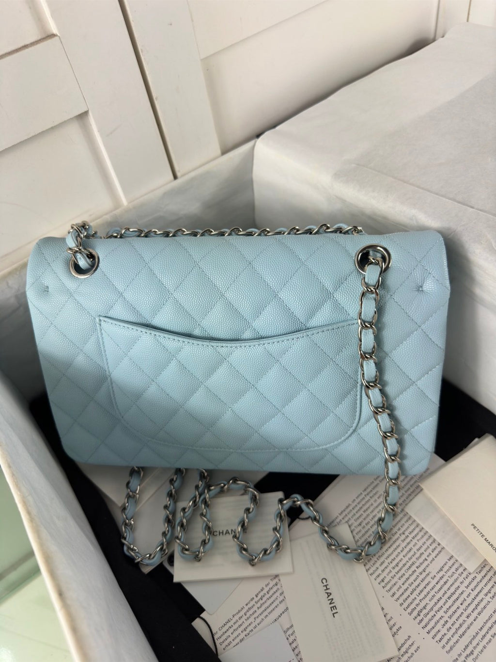Chanel Classic Medium Flap Bag With A Silver Chain Shoulder Strap A Timeless Versatile Classic Metallic-colored Leather Tends To Fade Easily Lady Bags #197116