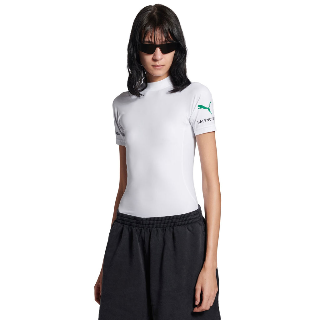 Balenciaga x PUMA Women's and Men's CAT Print White Technical Stretch Fabric Fitted T-shirt #333096