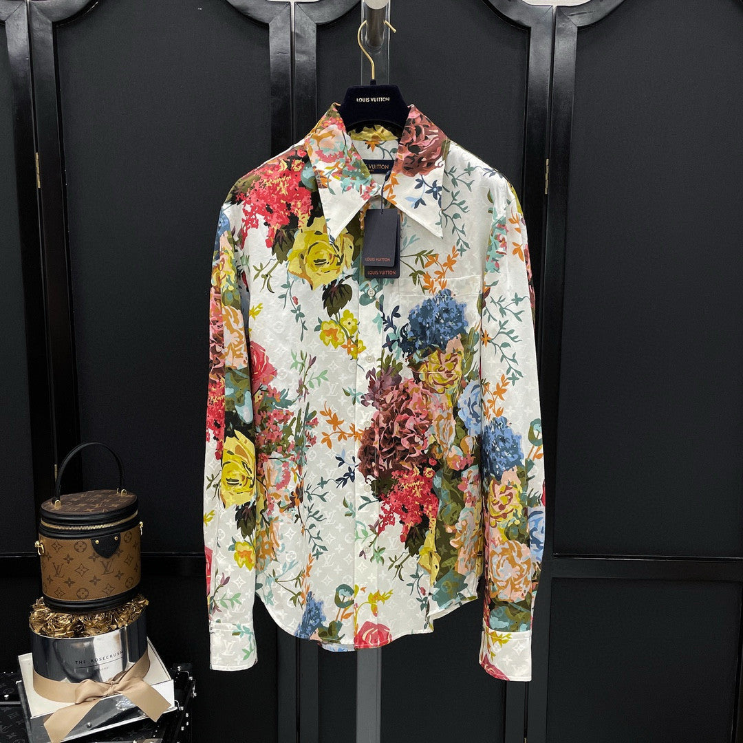 Louis Vuitton Men's Summer White Floral Print Single Breasted Silk Long Sleeve Shirt #97791