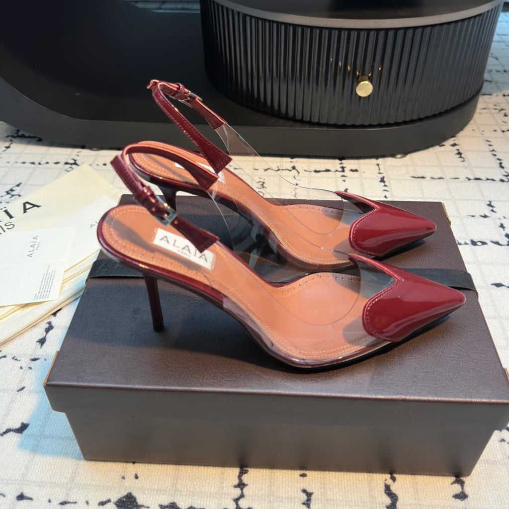 Alaia Women's  High Love Fine Heel Sandals Patent Leather Cowhide Fashion Elegant High Heel Leather Bottom High Heel Shoes #81433