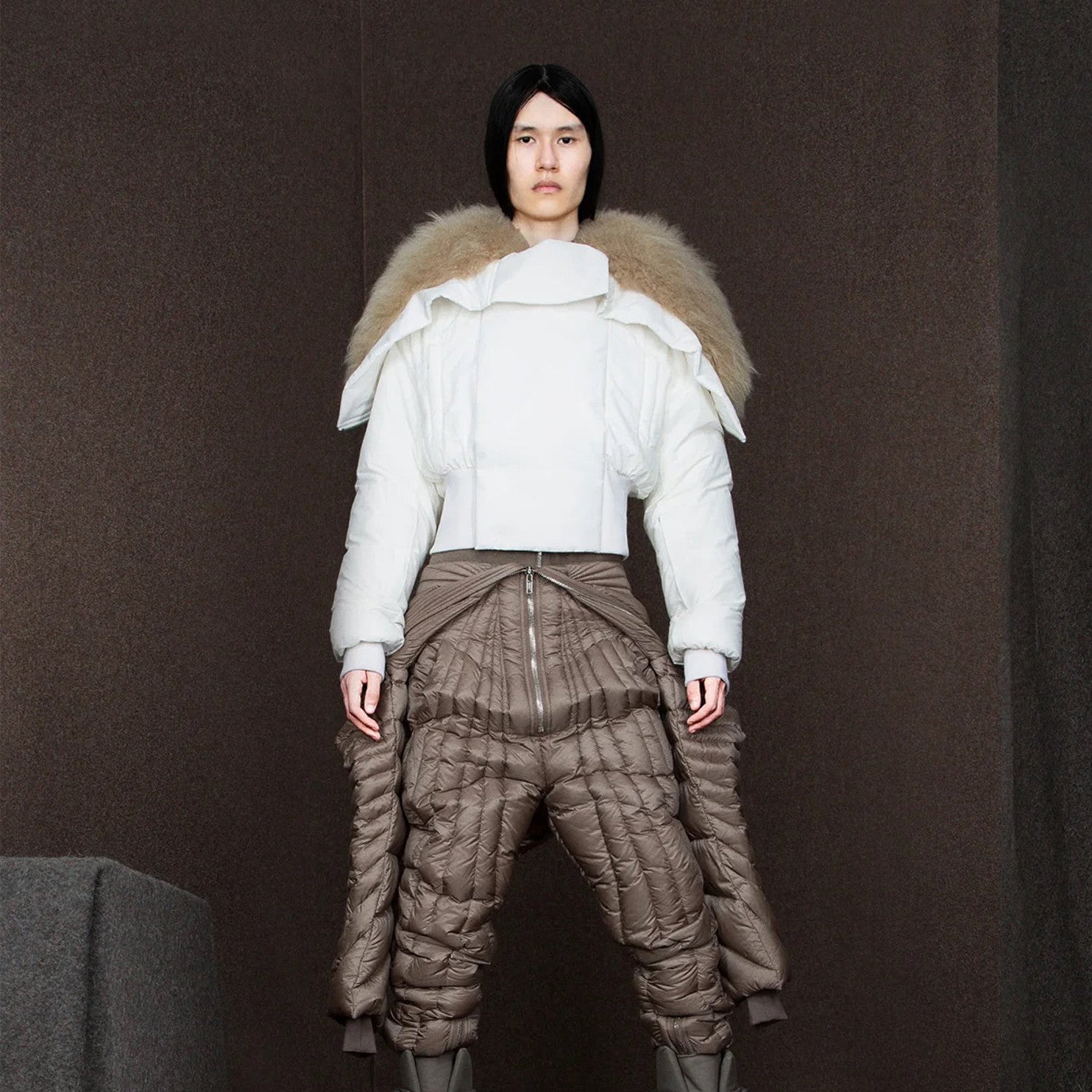 Moncler x Rick Owens Men's Women's Autumn And Winter Large Fur Collar Removable Trend High Street White Down Jacket Zip Hooded Jacket Ngvp #9794