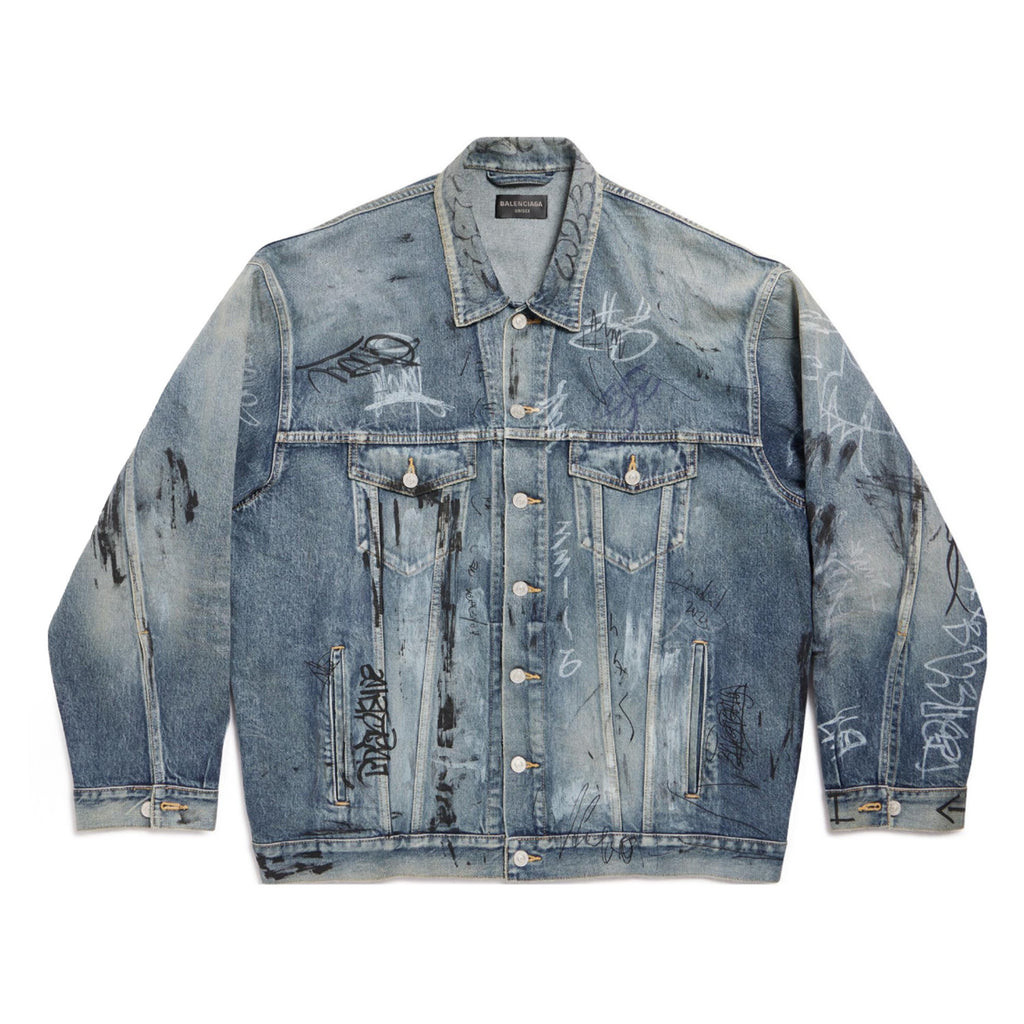 Balenciaga Men's Women's Spring And Autumn Graffiti Hand-painted Vintage Washed Denim Jacket Fashion Trend Loose Blue Loose Denim Jacket Ngvp #1974
