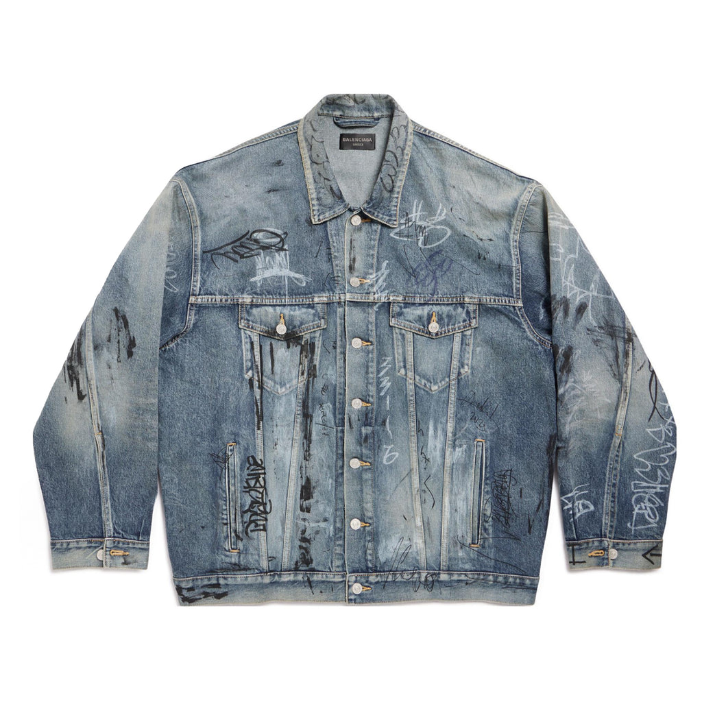 Balenciaga Men's Women's Spring And Autumn Graffiti Hand-painted Vintage Washed Denim Jacket Fashion Trend Loose Blue Loose Denim Jacket Ngvp #1974