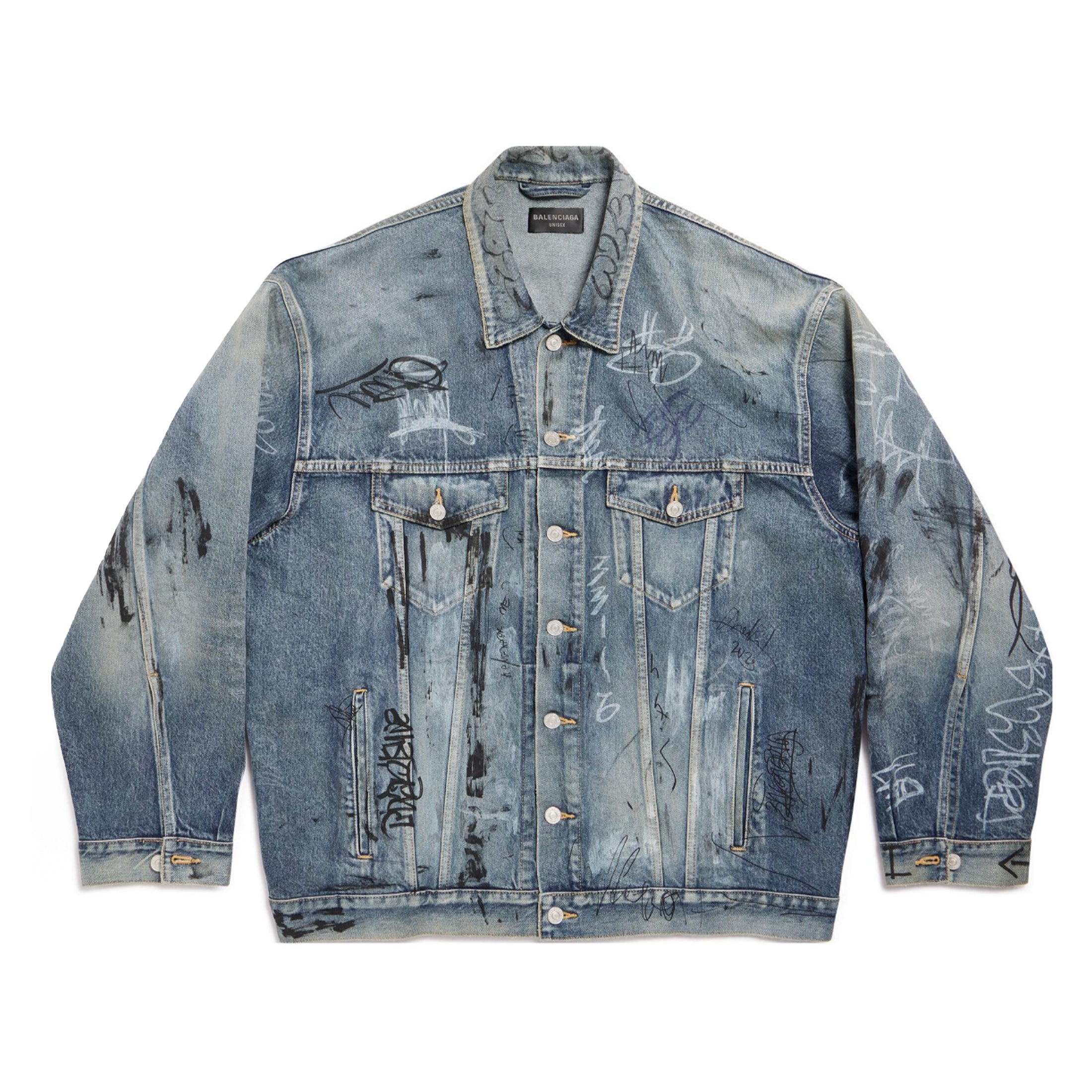 Balenciaga Men's Women's Spring And Autumn Graffiti Hand-painted Vintage Washed Denim Jacket Fashion Trend Loose Blue Loose Denim Jacket Ngvp #1974