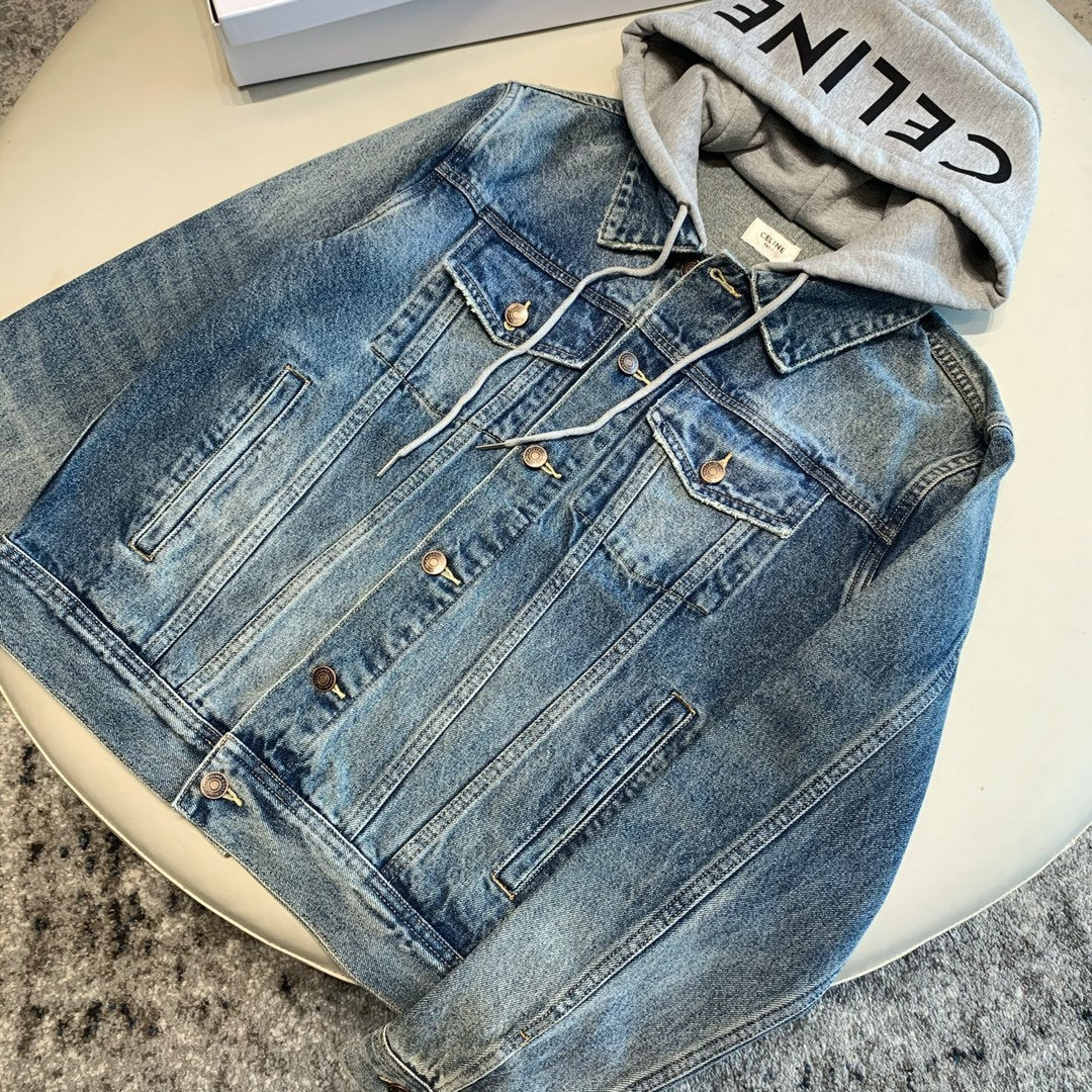 Celine Men's Autumn Blue Denim Single Breasted Hooded Jacket #75786