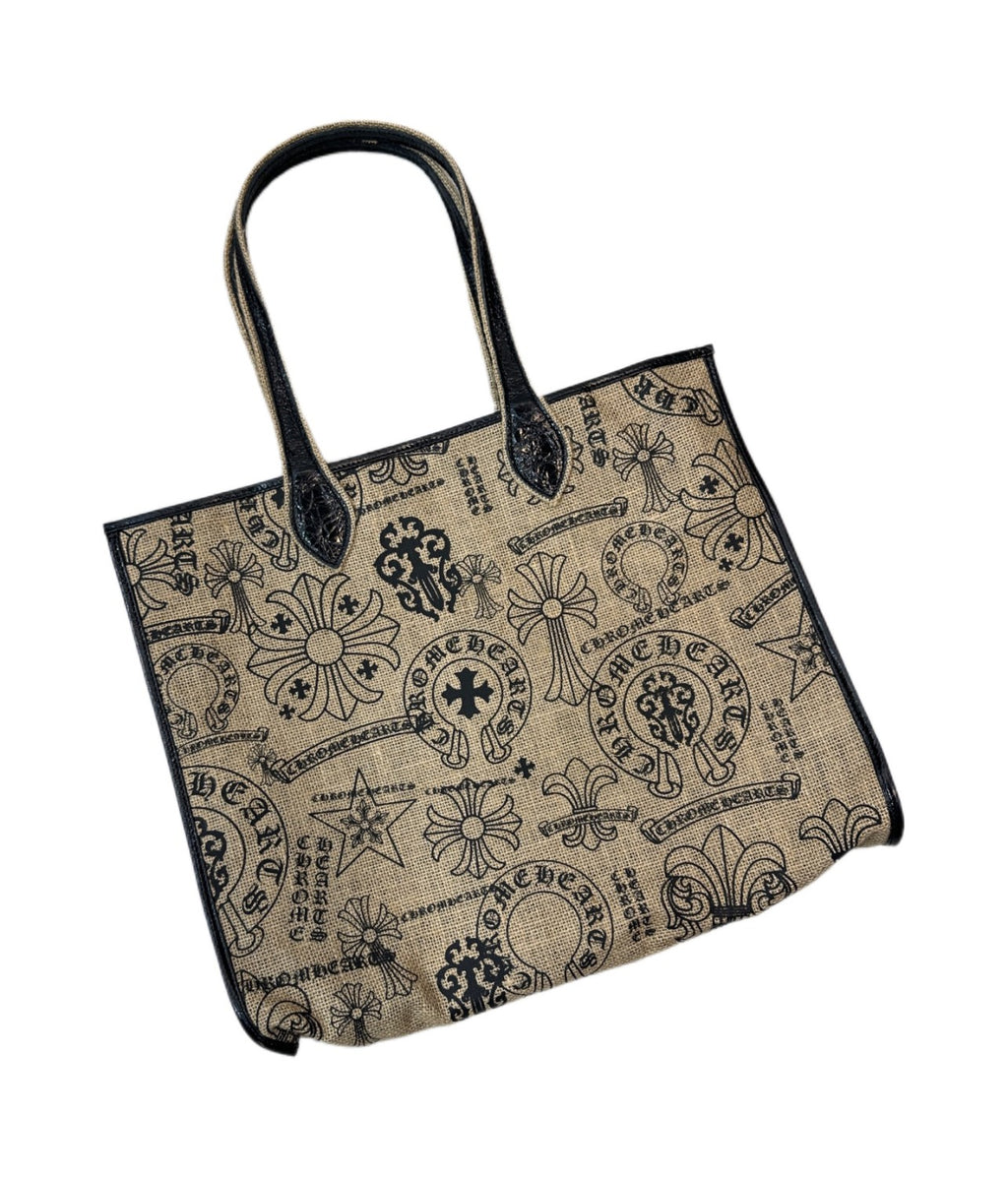 Chrome Hearts Women's All-Over Pattern Printed Straw and Leather Shopping Bag Tote Bags Handbag #77937