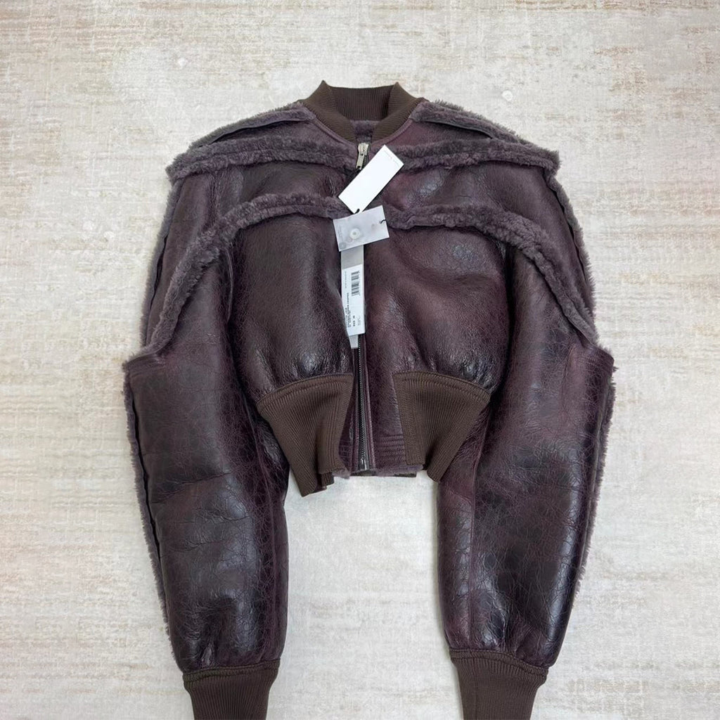 Rick Owens Ro Fur One Autumn And Winter New Fashion Splicing Leather Jacket Coat High Street Trend Hip Hop Dark Style Warm Coat Ngvp #9719
