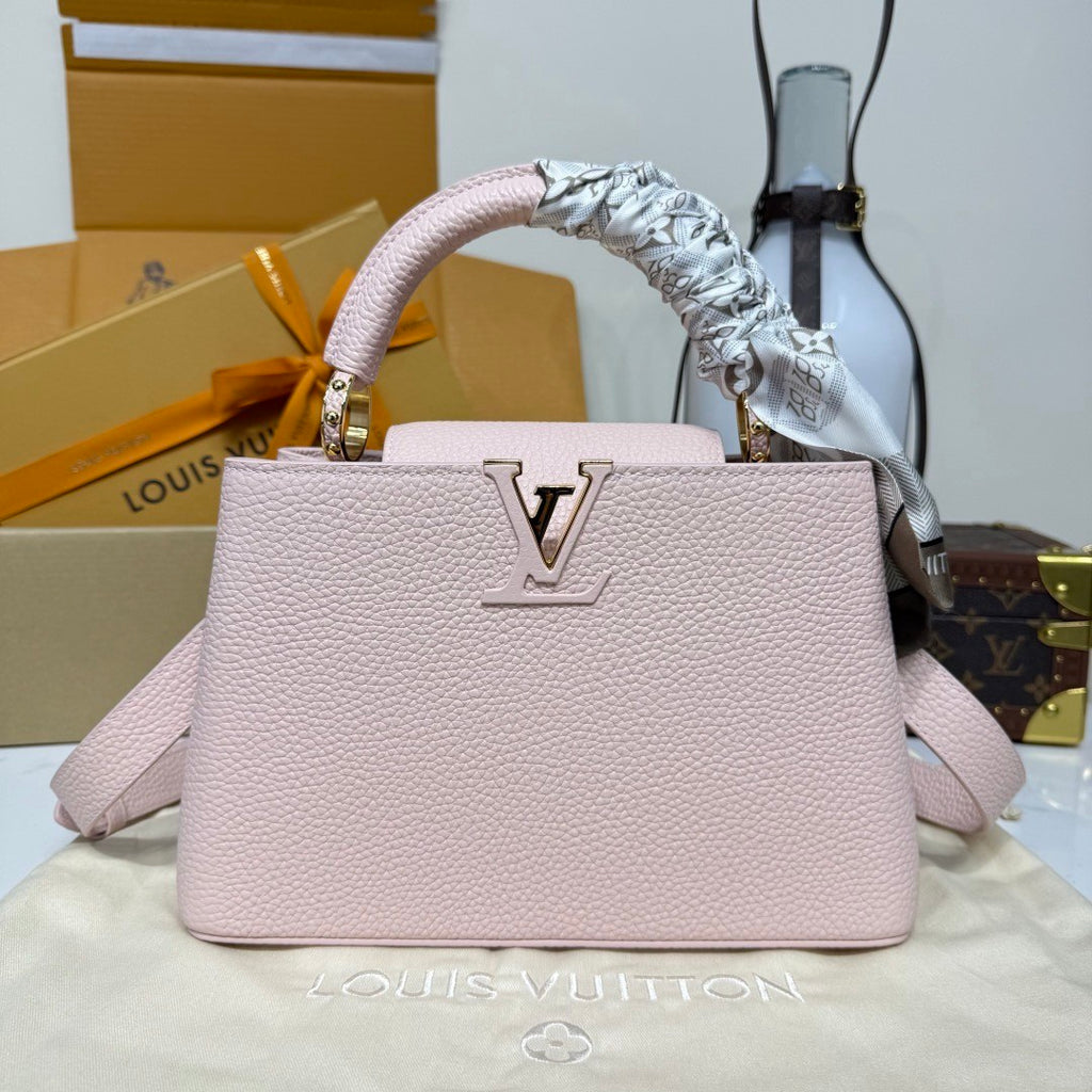 Louis Vuitton CAPUCINES MINI Handbag M24740 Cherry Blossom Pink Chip Monogram Floral Pattern Taurillon Leather Fashionable Modern Clutch Tote Crossbody Bag Bags #195564