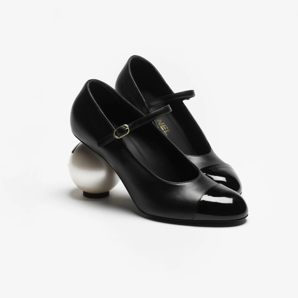 Chanel Women's Spring/fall Classic Two-tone Leather Low-top Round Toe Mary Jane Heels With Pearl Embellished Heels High Heels Shoes #79356