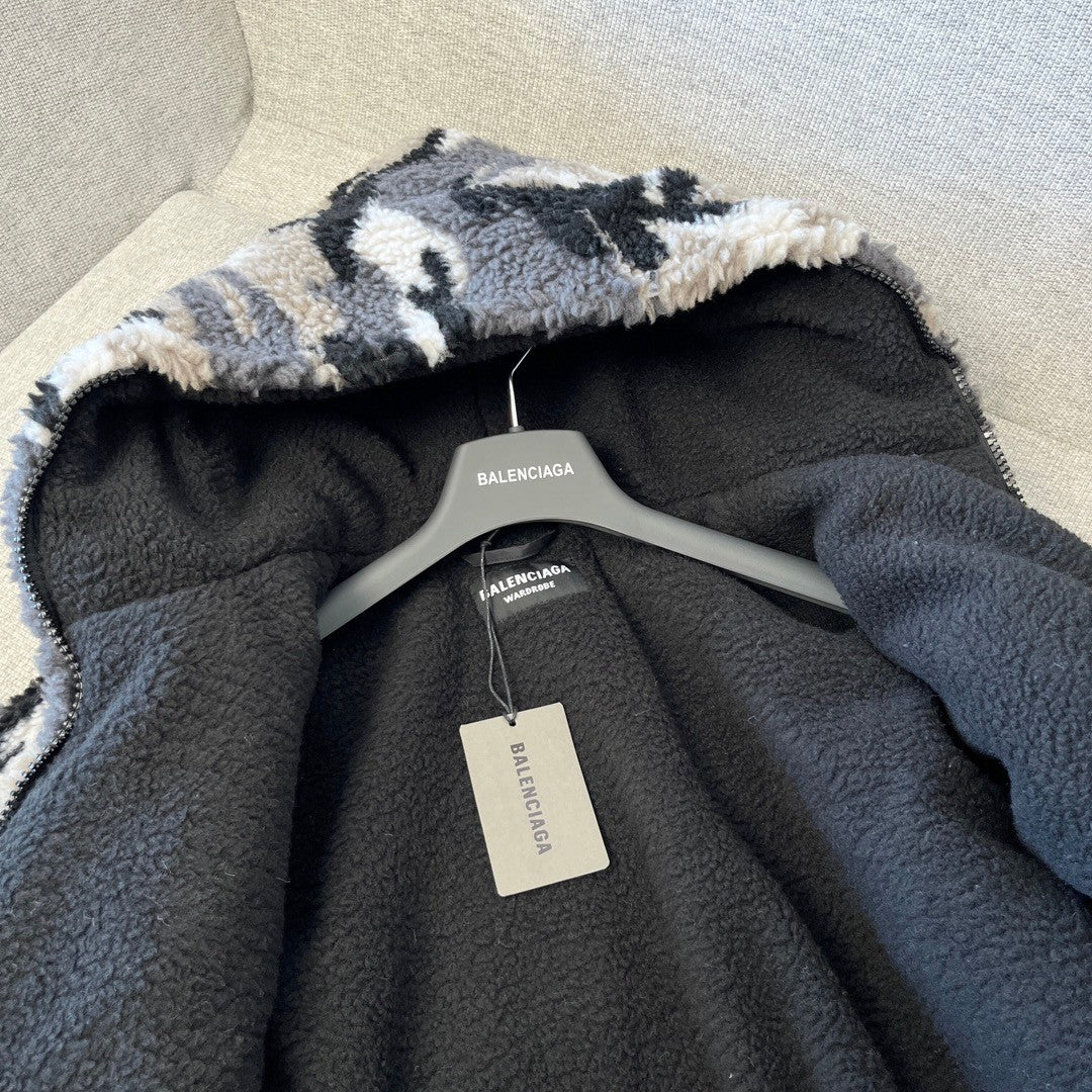 Balenciaga Men Women Autumn And Winter Camouflage Zipper Loose Suede Long Sleeve Hooded Jacket Ngvp #9629
