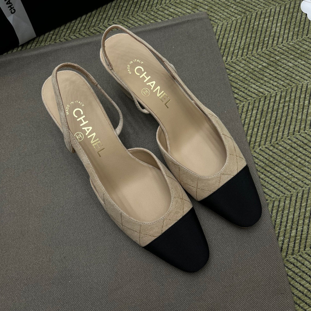 Chanel Women's Checkered Rhinestone Suede Cowhide Solid Color Chunky Heel High Heel Sandals Slingbacks Flat Shoes Spring. Summer. And Fall Casual Shoes Ngvp #2143