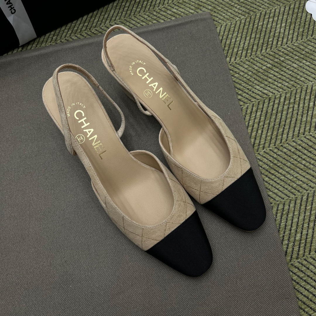 Chanel Women's Checkered Rhinestone Suede Cowhide Solid Color Chunky Heel High Heel Sandals Slingbacks Flat Shoes Spring. Summer. And Fall Casual Shoes Ngvp #2143