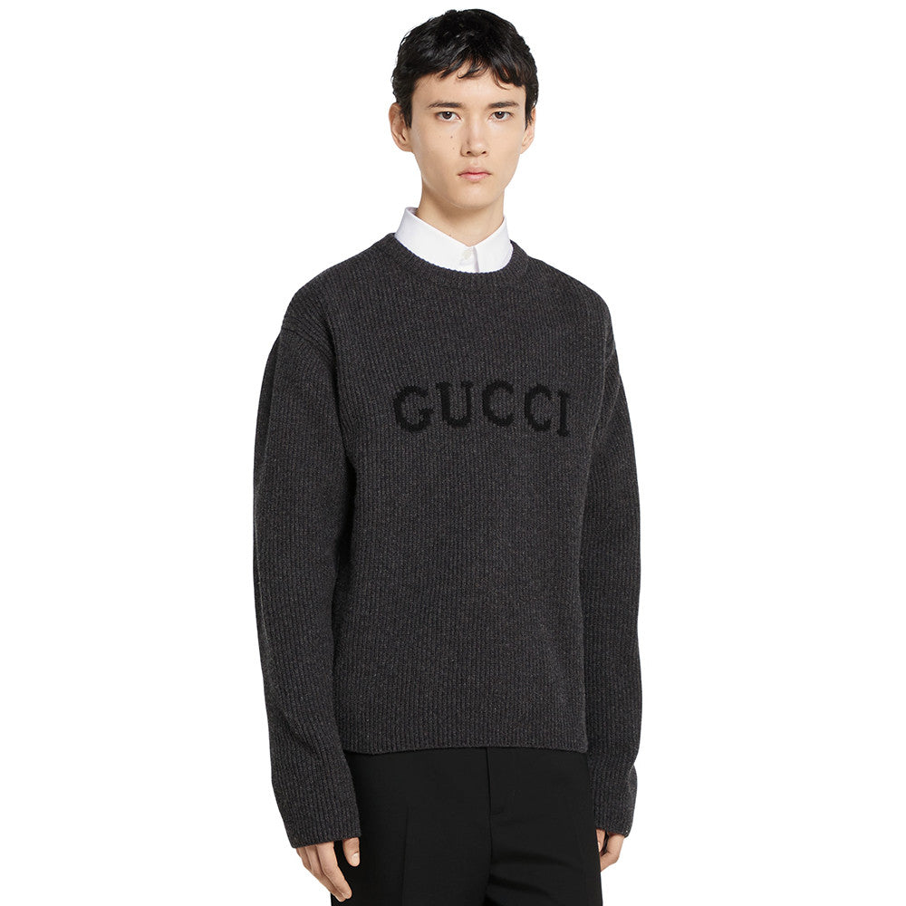 Gucci Wool Cashmere Rib Knit Sweater in Dark Grey and Black #332663