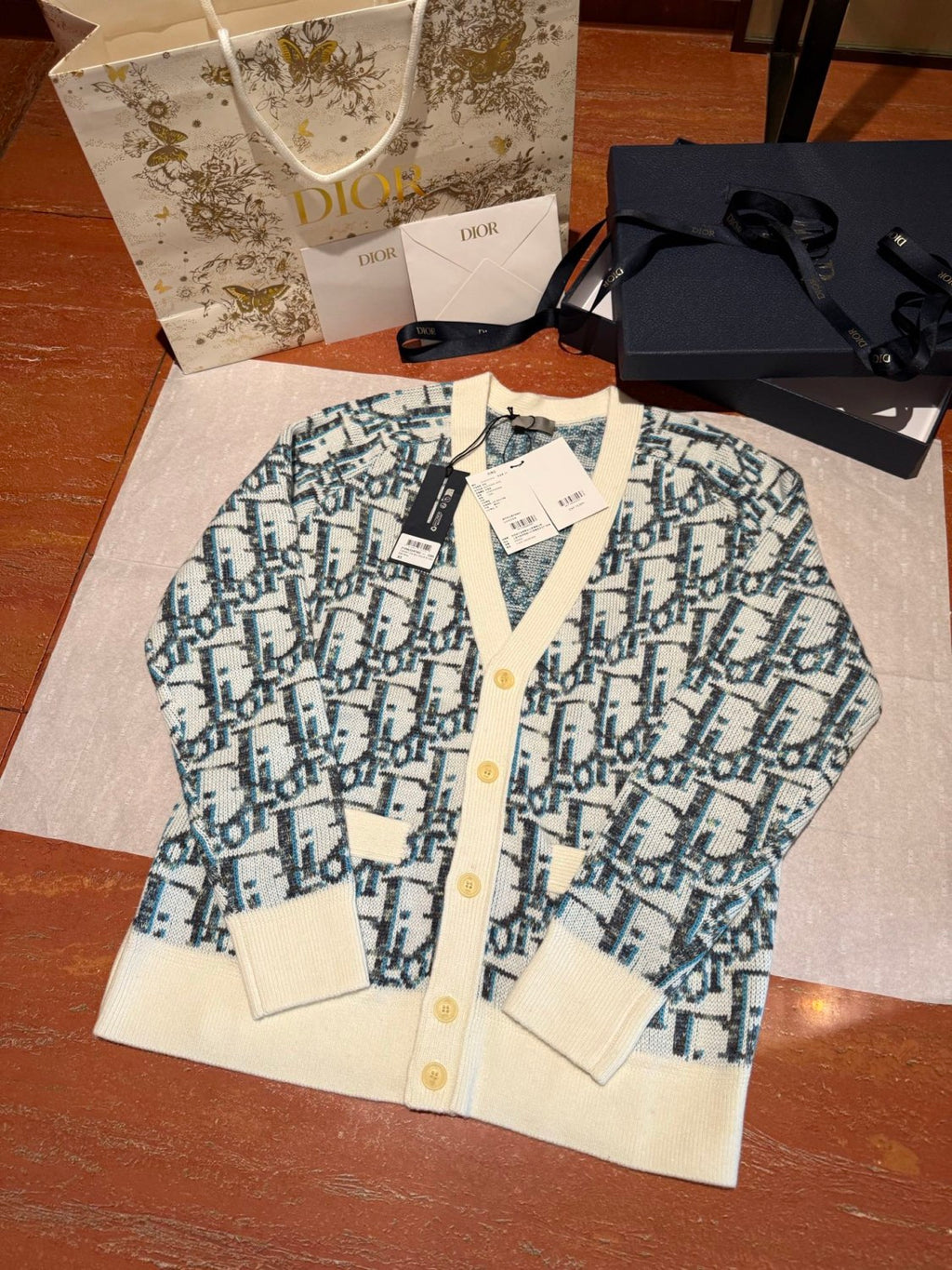 Dior Men's And Women's Spring/summer Fashion Casual Sheep Wool Jacquard Fabric Oblique Print Single Breasted V-neck Long Sleeved Sweater Knitted Cardigan #78296