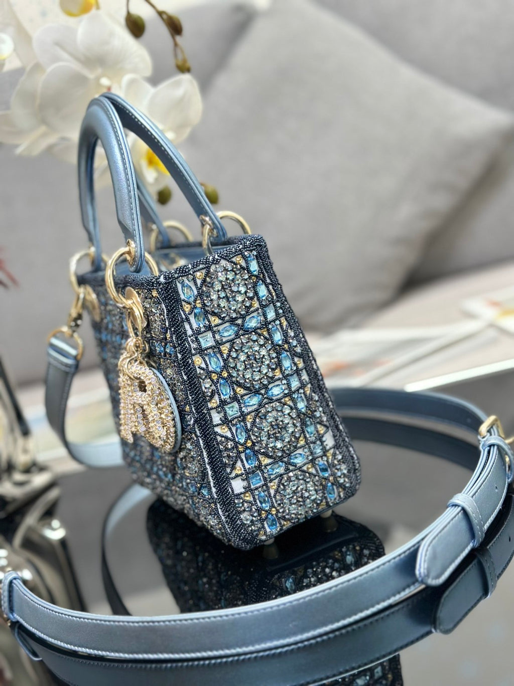 Dior Classic Diamond-quilted Embroidered Blue Metallic D.I.O.R. Charm Cowhide Leather Handle Clutch Crossbody Bag Princess Diana-style Bag Bags #196495