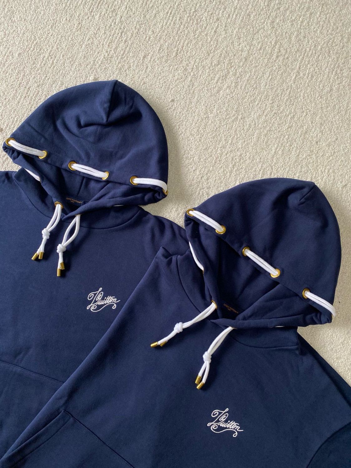 Louis Vuitton Men's Blue Rope Knot Embroidered Logo Pattern Casual Drawstring Hooded Sweatshirt #99717