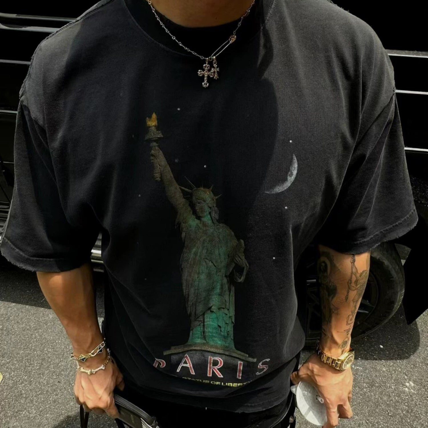 Balenciaga Men's Spring/summer Statue Of Liberty Solid Color Retro Loose Casual Plain Knitted Large Silhouette Short Sleeved T-shirt Ngvp #8352