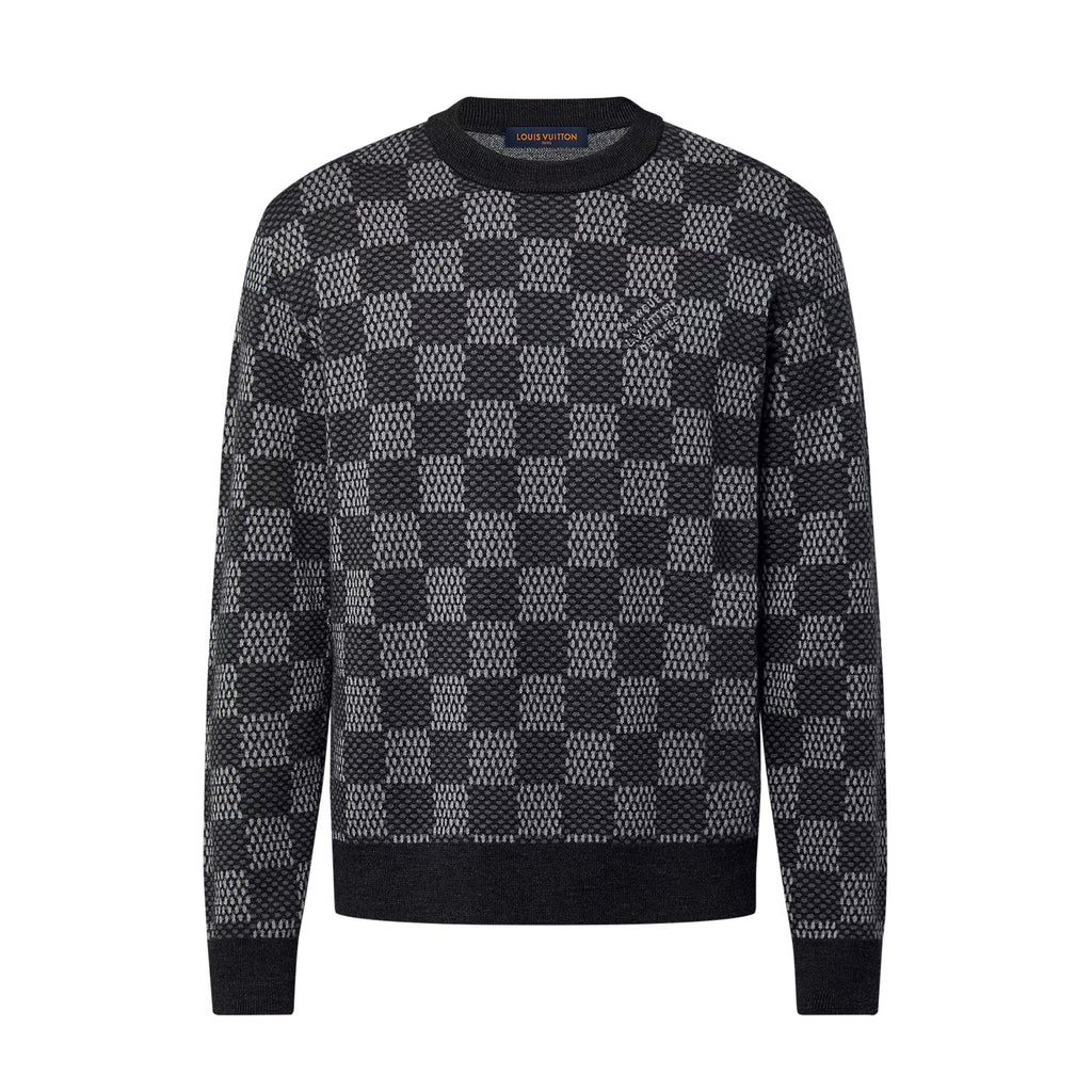 Louis Vuitton Men's Spring and Autumn Black Checkerboard Print Logo Pattern Round Neck Long Sleeve Sweater #73789