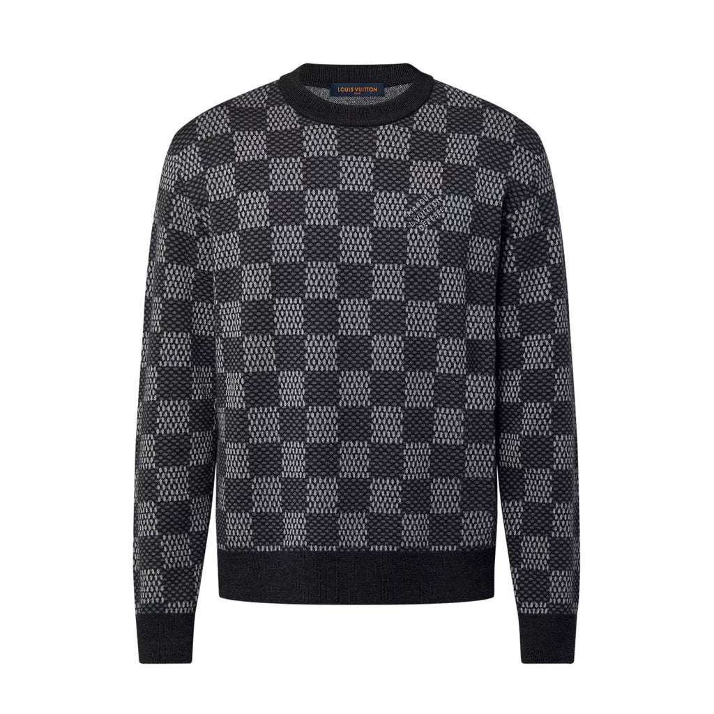 Louis Vuitton Men's Spring and Autumn Black Checkerboard Print Logo Pattern Round Neck Long Sleeve Sweater #73789