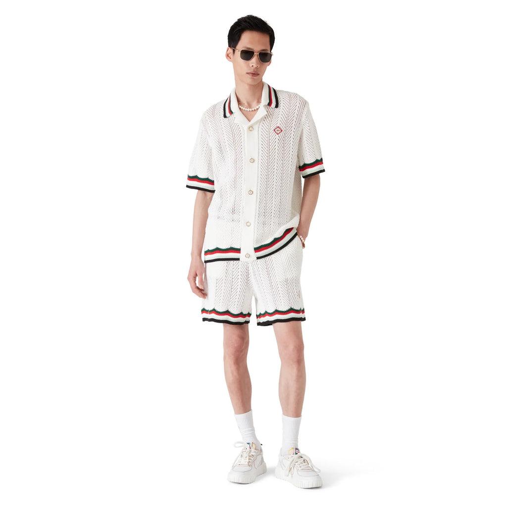 Casablanca Men's Summer Casual Solid Color Cotton Cloud Embroidery Knitted Sweater Shirt Logo Embroidery Striped Short Sleeve Shorts Set #78234