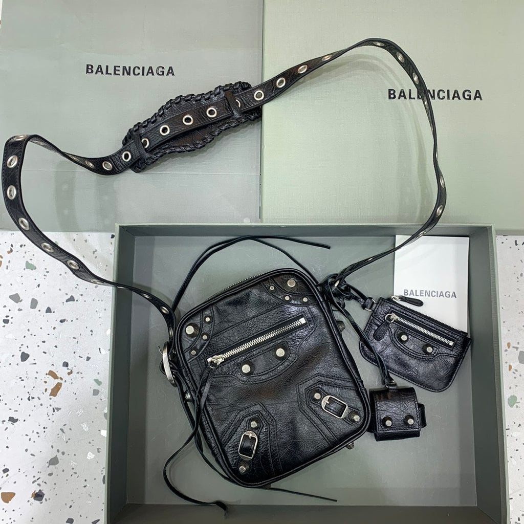 Balenciaga LE CAGOLE Men's and Women's Unisex Fashion Casual Solid-Color Leather Adjustable Strap Vertical Motorcycle Bag Shoulder Bag Crossbody Bag  Bags #78491