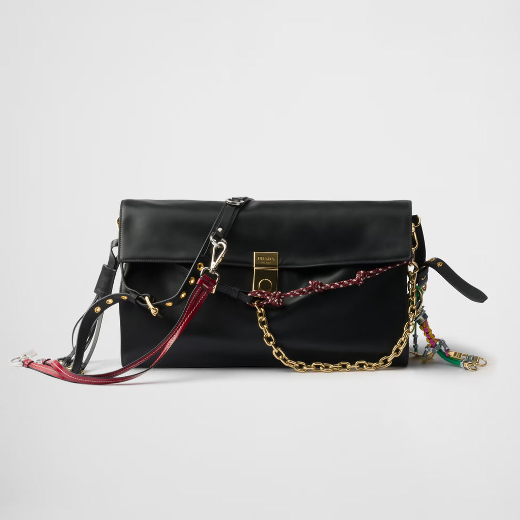 Prada Soft Sound Women's Metal Parts Snap Button Flap Closure Solid Color Leather Crossbody Shoulder Bag Bags #76359