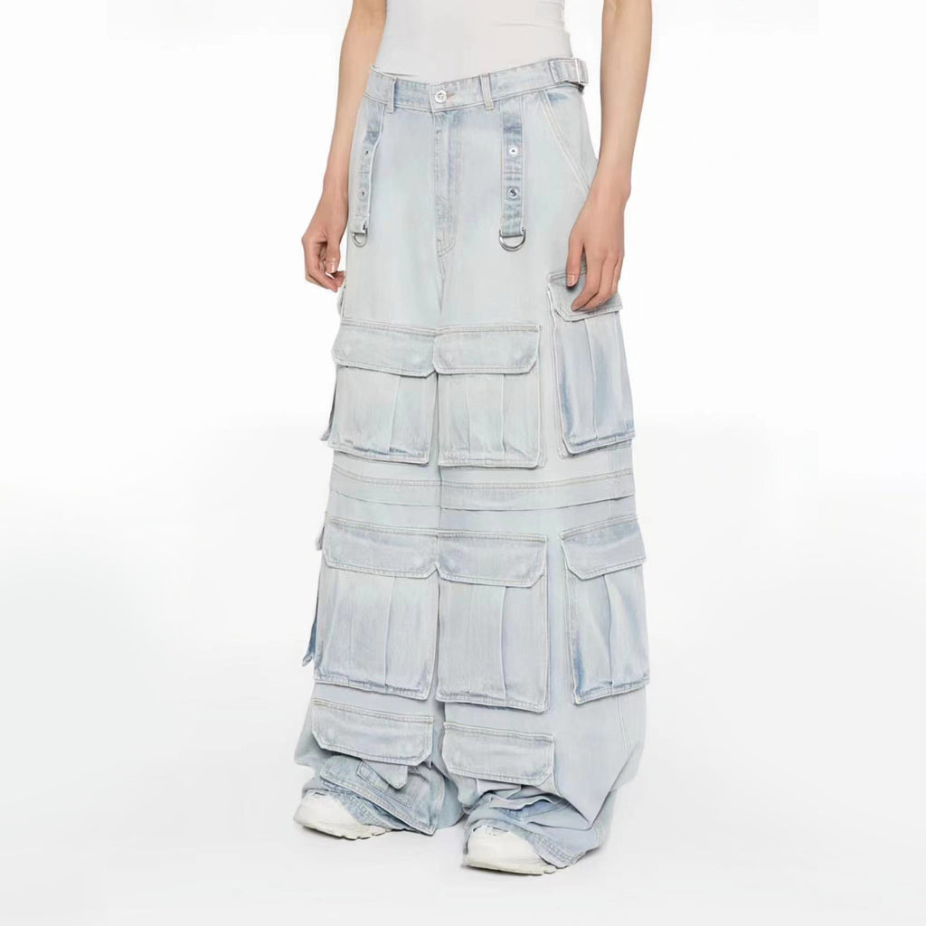Vetements Men's Women's Cotton Washed Denim Trousers Zipper Multi-pocket Fitted Wide Leg Work Pants Ngvp #8232