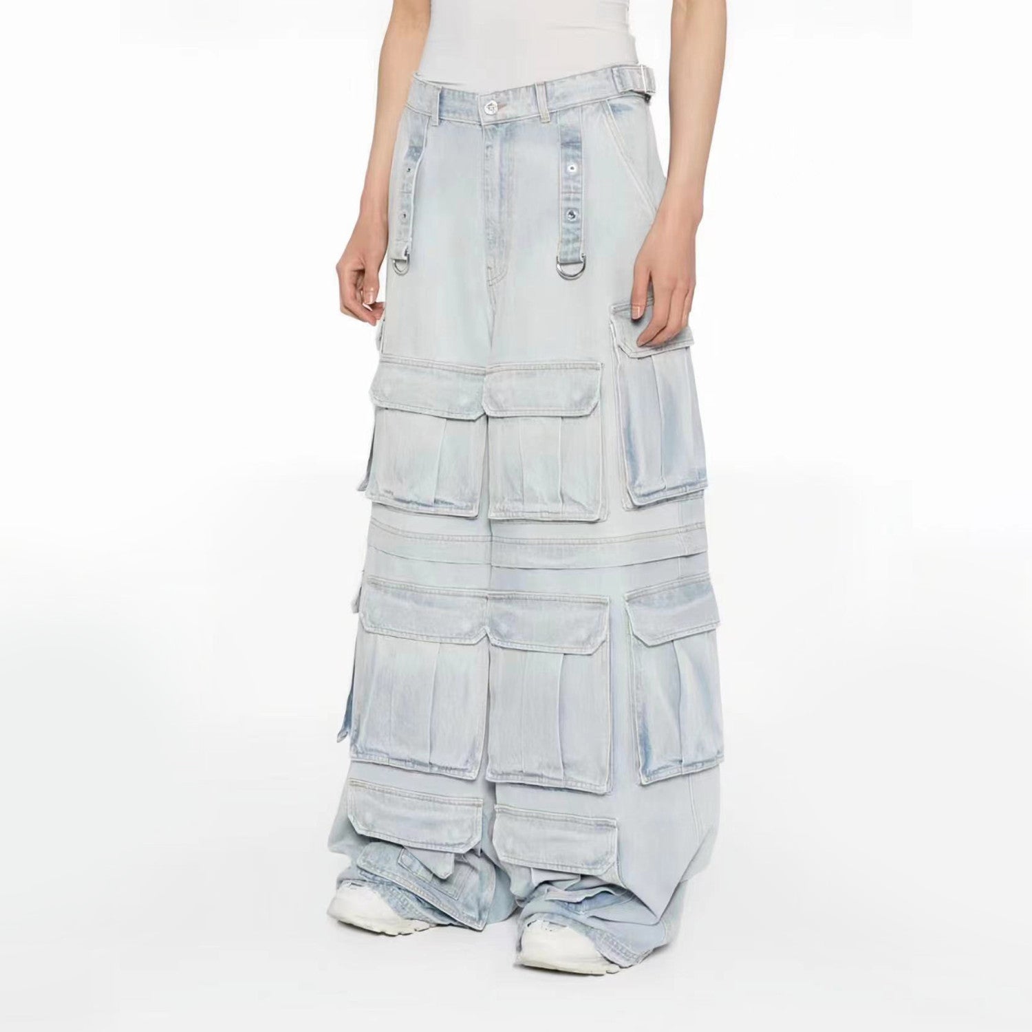 Vetements Men's Women's Cotton Washed Denim Trousers Zipper Multi-pocket Fitted Wide Leg Work Pants Ngvp #8232