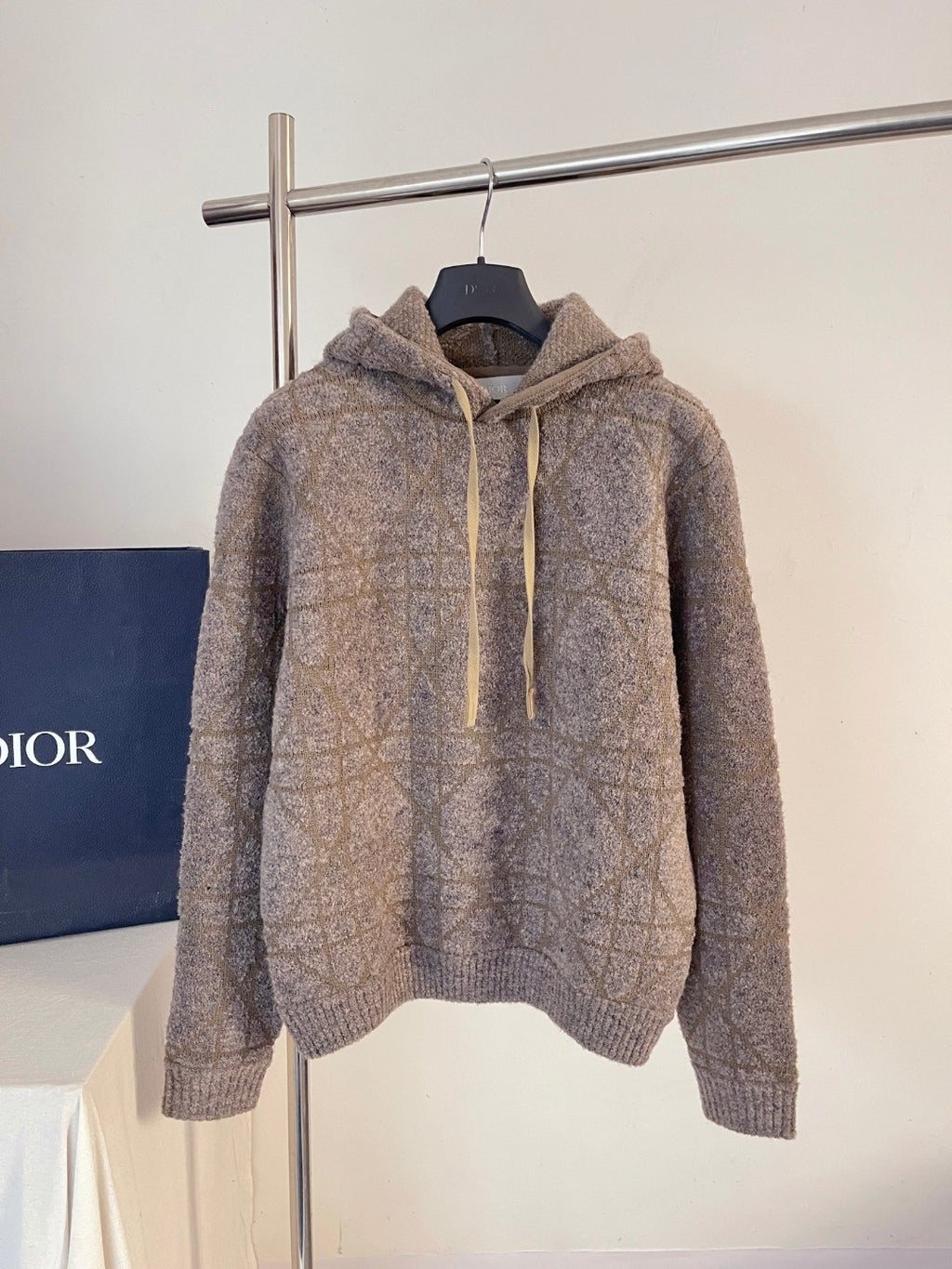 DIOR Cannage Hooded Sweatshirt Beige Cotton and Wool Blend Knit#336735