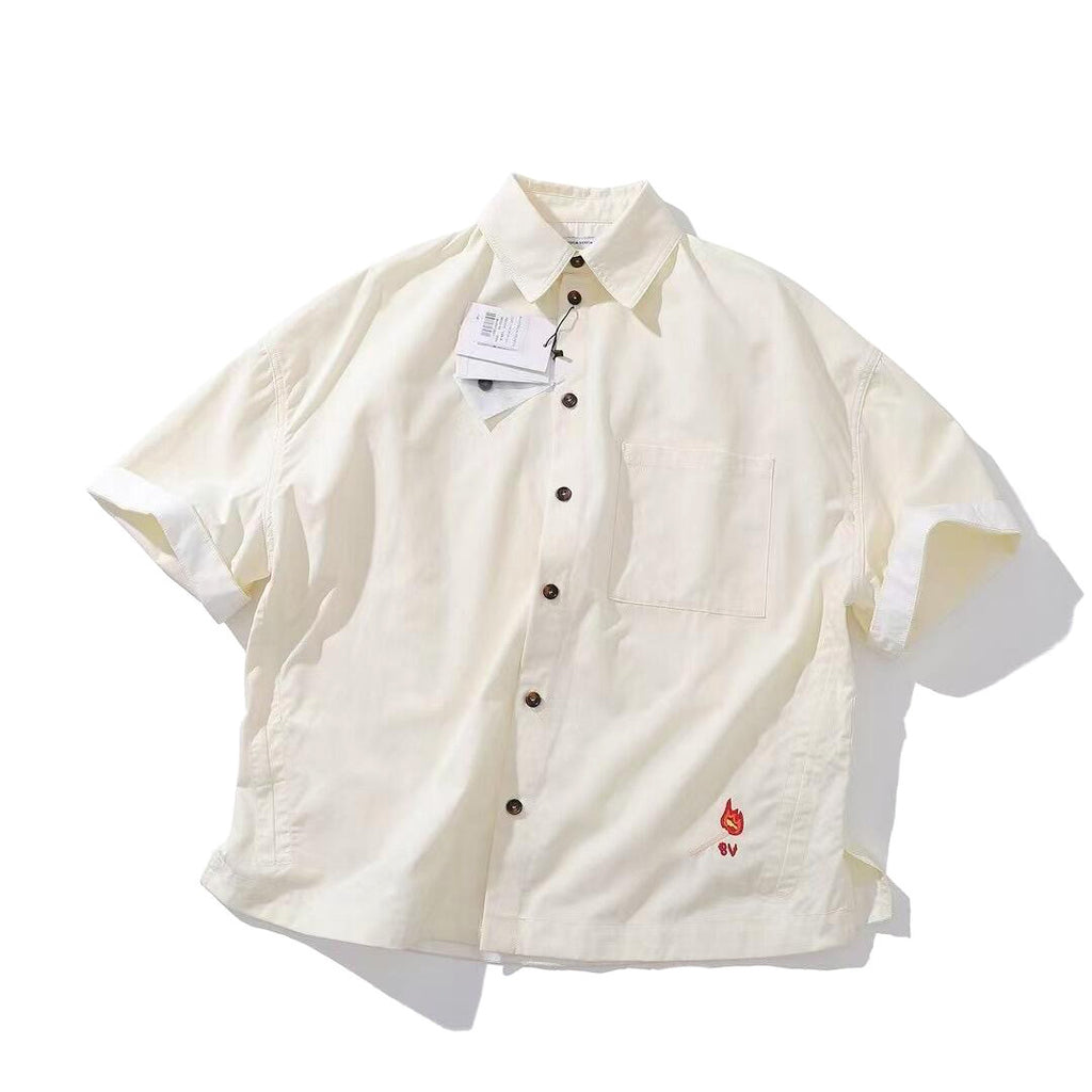 Bottega Veneta Men's Summer Solid Color Embroidered Matchstick Print Single Button Short Sleeve Shirt #77111