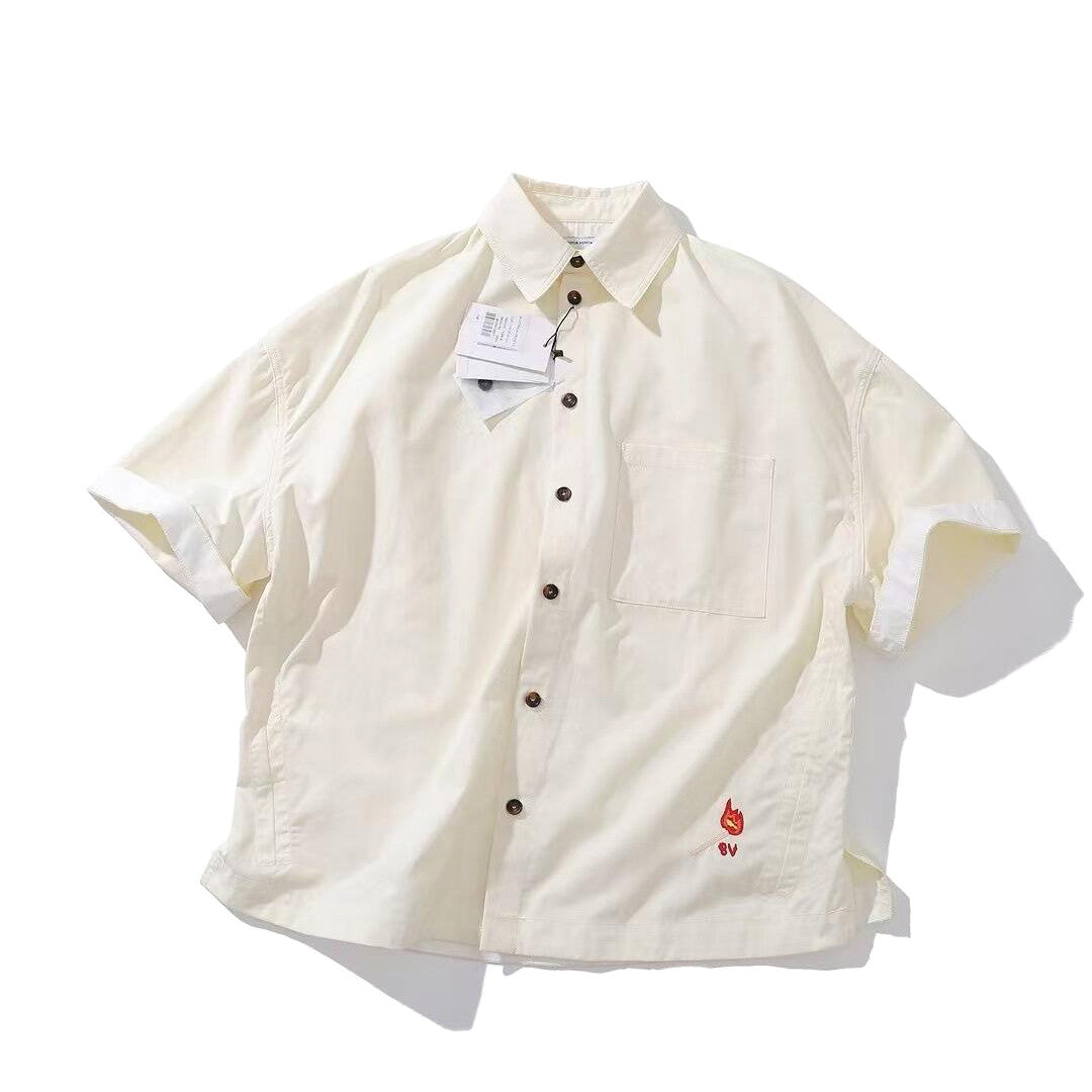Bottega Veneta Men's Summer Solid Color Embroidered Matchstick Print Single Button Short Sleeve Shirt #77111