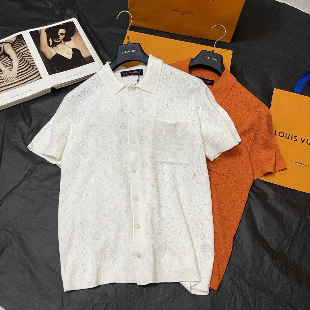 Louis Vuitton Men's Summer Orange Skeleton Letter Printed Single Breasted Short Sleeve Shirt #75627