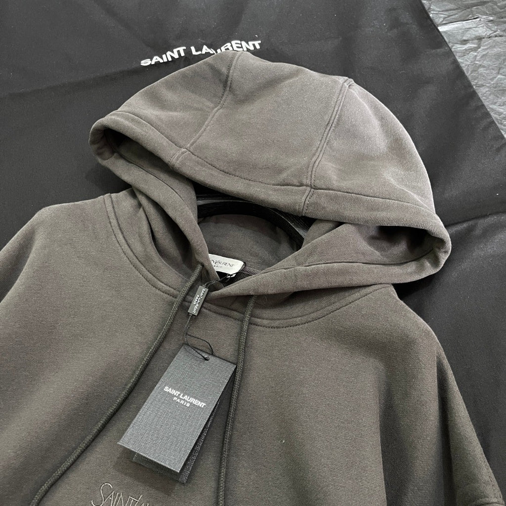Saint Laurent Men's Spring/Autumn Solid Colour Casual Letter Embroidery Hooded Drawstring Pullover Long Sleeve Sweatshirt Pullover Hoodie #78282