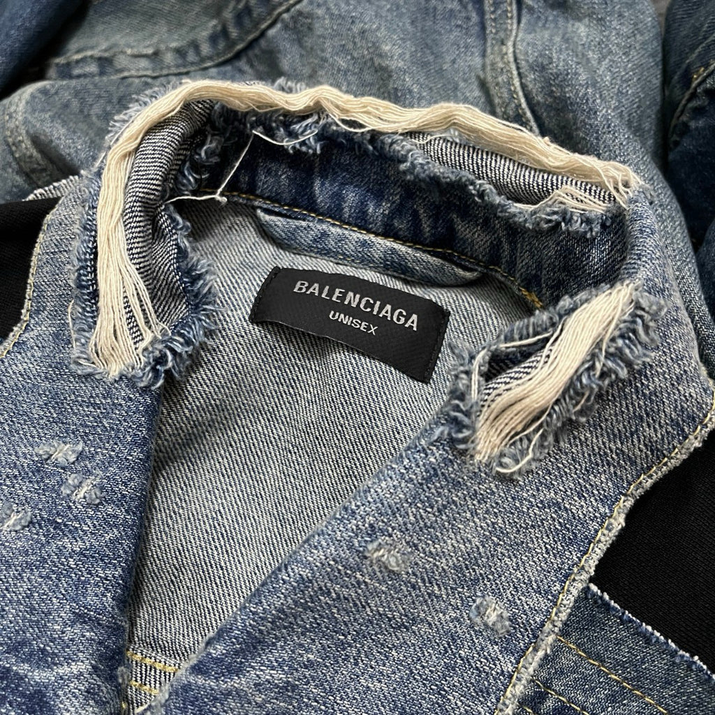 Balenciaga CUT- UP Men's Spring/fall Fashion Casual Washed Vintage Knit Fabric Lapel Single Breasted Denim Jacket With Zipper Or Button Closure Pair With Relaxed Fit Slouchy Jeans Suit Set #79511