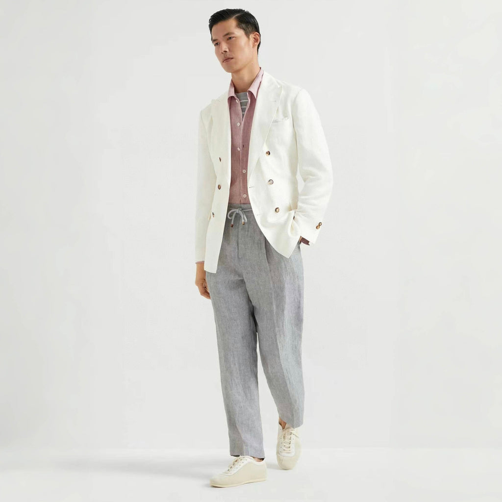 Brunello Cucinelli Men's Spring And Summer Tie Gray Linen Pants Fashion Trend Casual Comfortable Suit Pants Ngvp #1755