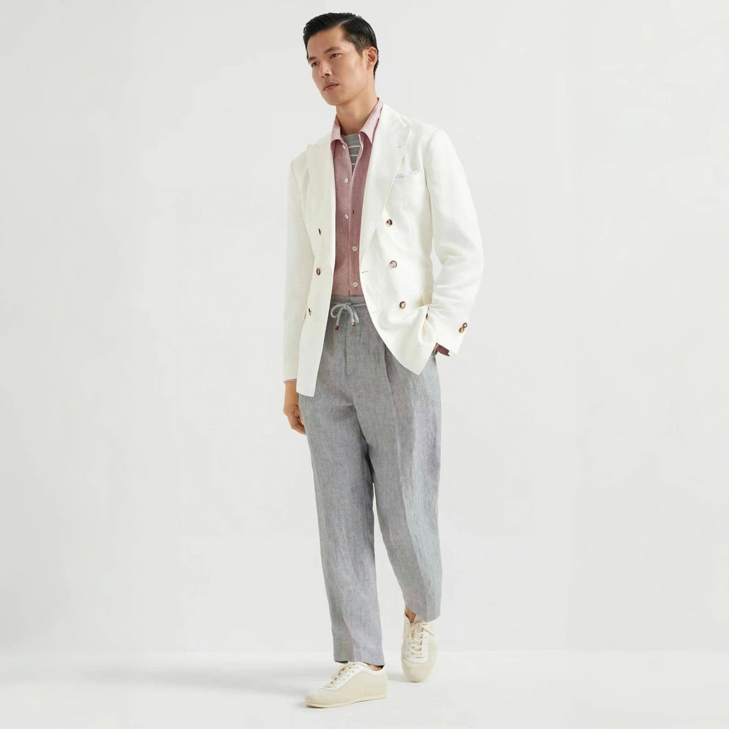 Brunello Cucinelli Men's Spring And Summer Tie Gray Linen Pants Fashion Trend Casual Comfortable Suit Pants Ngvp #1755