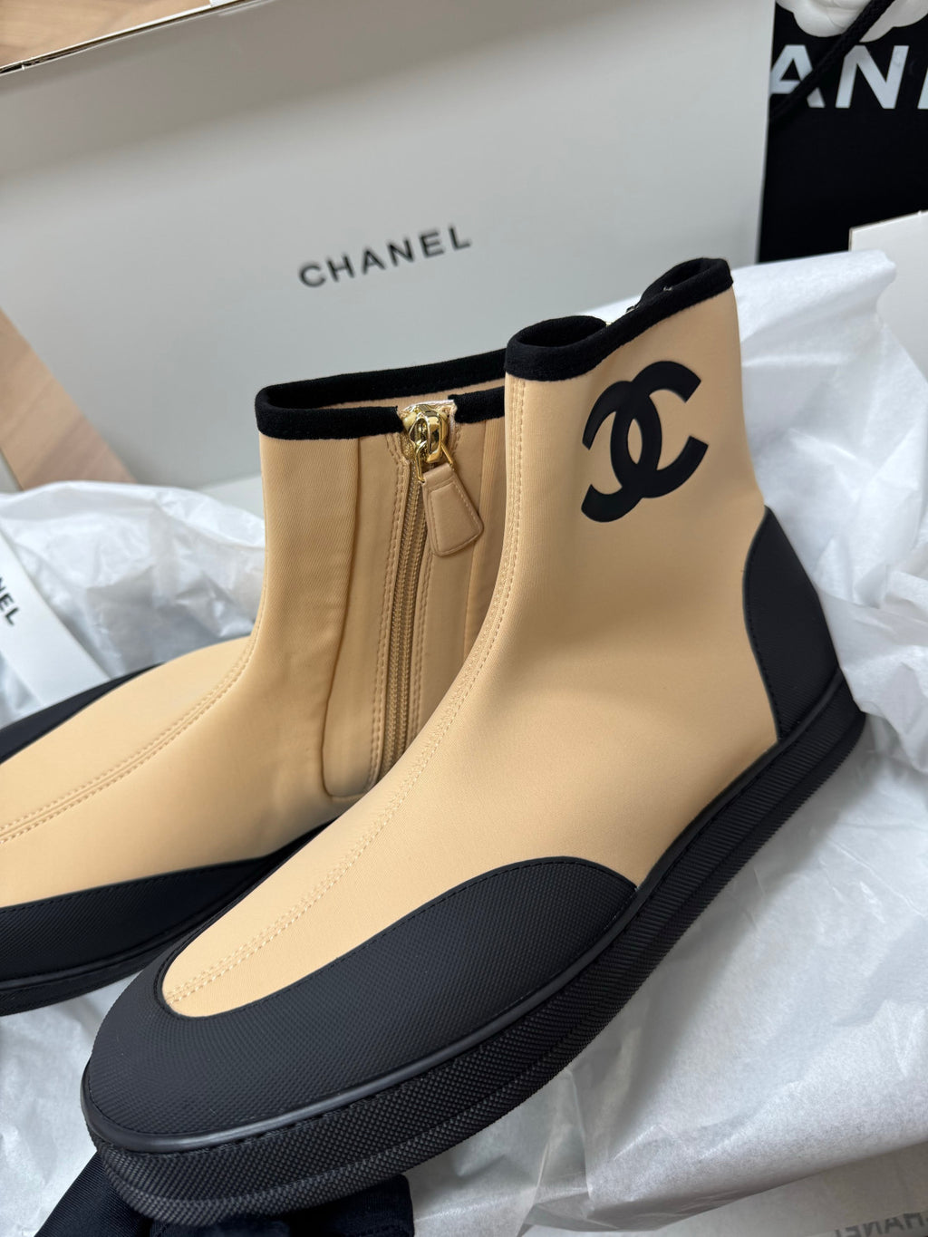 CHANEL Short Boots Mixed Fibers Rubber Beige Black #387573