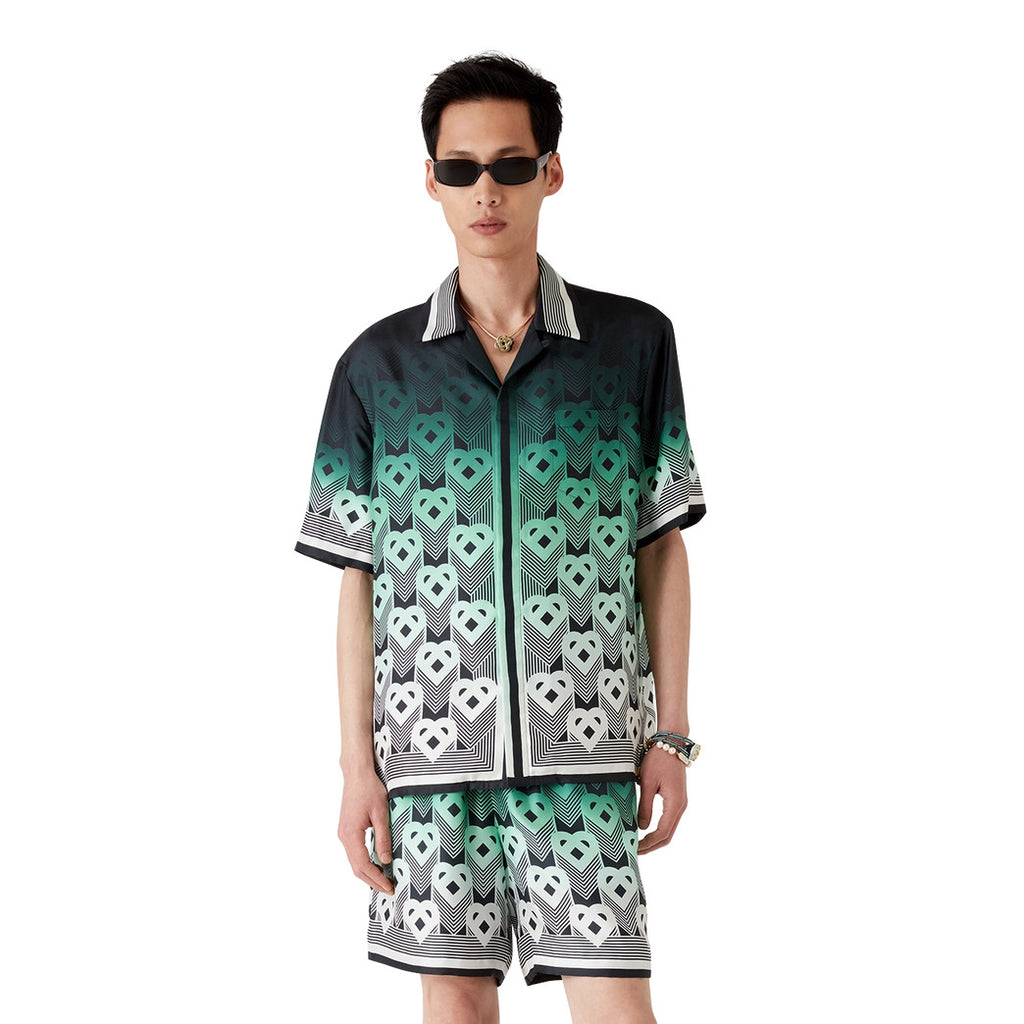 Casablanca Men's Summer Fashion Casual Heart Pattern Silk Button Down Short Sleeve Shirt with Elastic Drawstring Silk Shorts Suit Set #78592