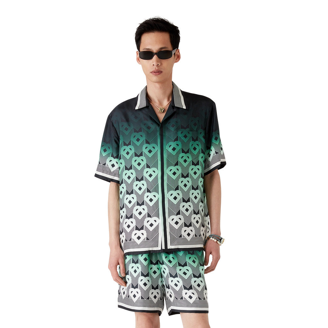 Casablanca Men's Summer Fashion Casual Heart Pattern Silk Button Down Short Sleeve Shirt with Elastic Drawstring Silk Shorts Suit Set #78592