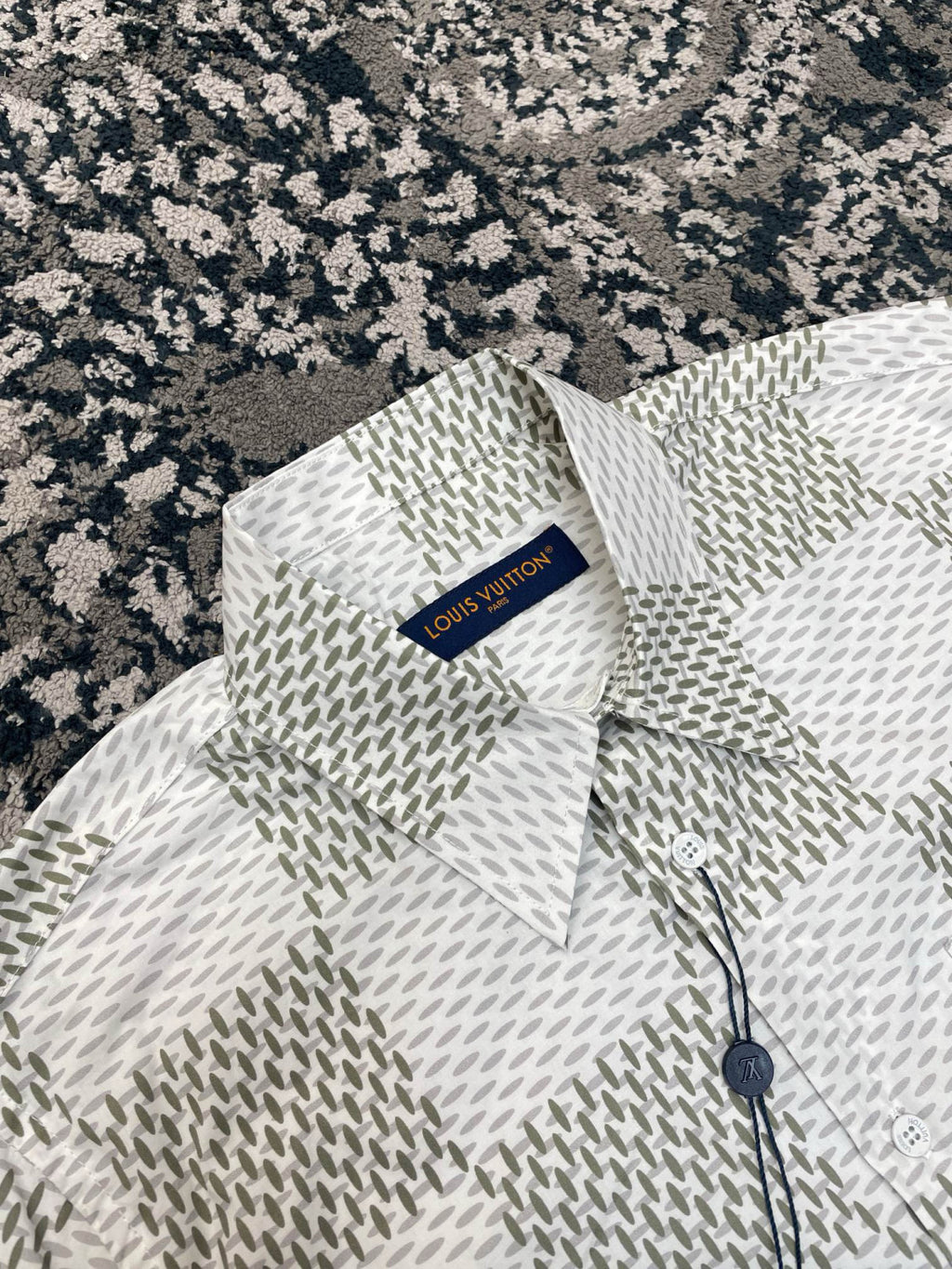 Louis Vuitton Men's Summer White Letter Check Printed Lapel Single Breasted Long Sleeve Shirt #99211