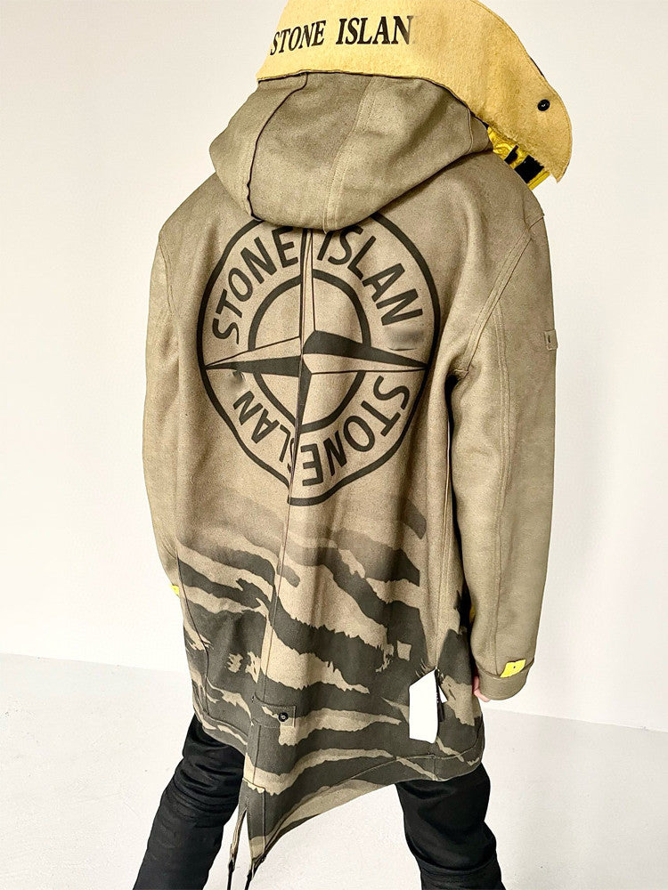 Stone Island Men's Fall And Winter Winter Thickened Suede Printed Hooded Coat Front And Back Wear Jacket With Liner #72395