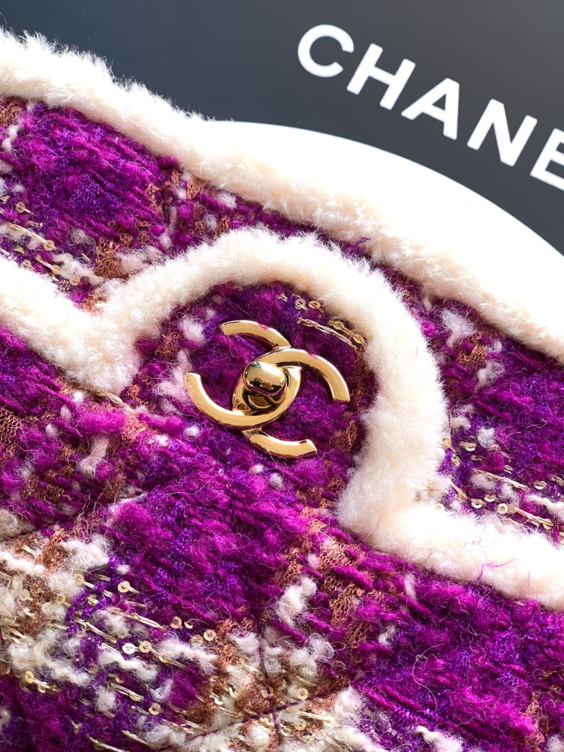 Chanel Large Flap Bag Tweed Shearling Lambskin #333980