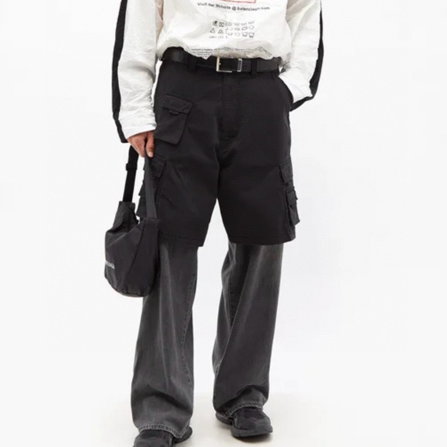 Balenciaga Men's Spring And Autumn Black Multi-Pocket Cotton Loose Work Pants Casual Spliced Denim Pants Ngvp #9165