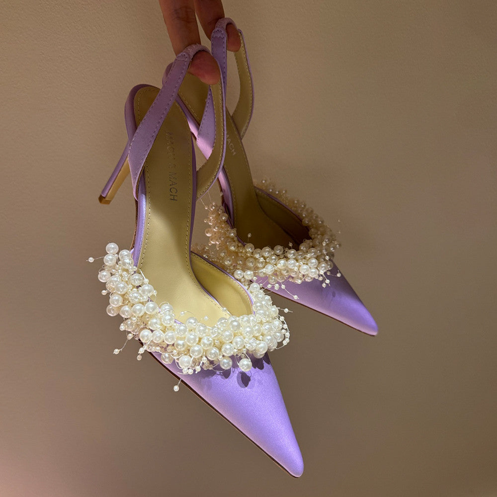 Mach & Mach Women's Spring. Summer And Autumn Pointed Toe Pearl Decorated Satin Solid Color High Heels Fine Heeled 8.5cm Casual Sandals Shoes Ngvp #1532
